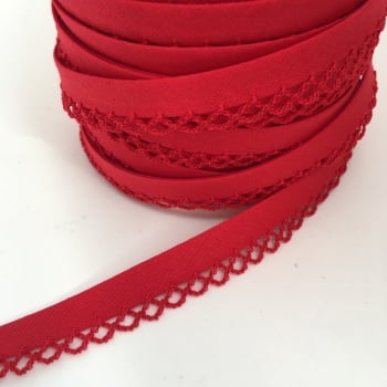 Red 12mm Pre-Folded Plain Bias Binding with Lace Edge