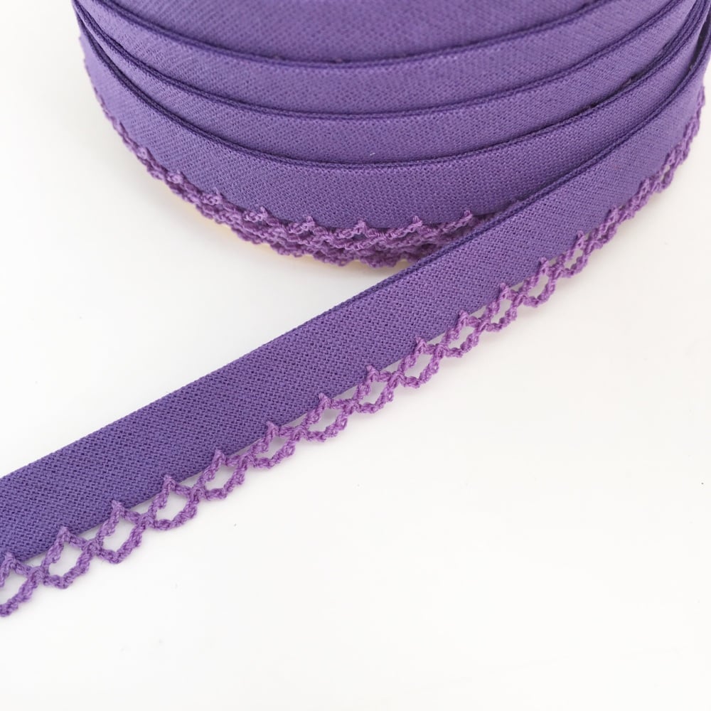 Purple 12mm Pre-Folded Plain Bias Binding with Lace Edge