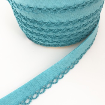 Turquoise 12mm Pre-Folded Plain Bias Binding with Lace Edge