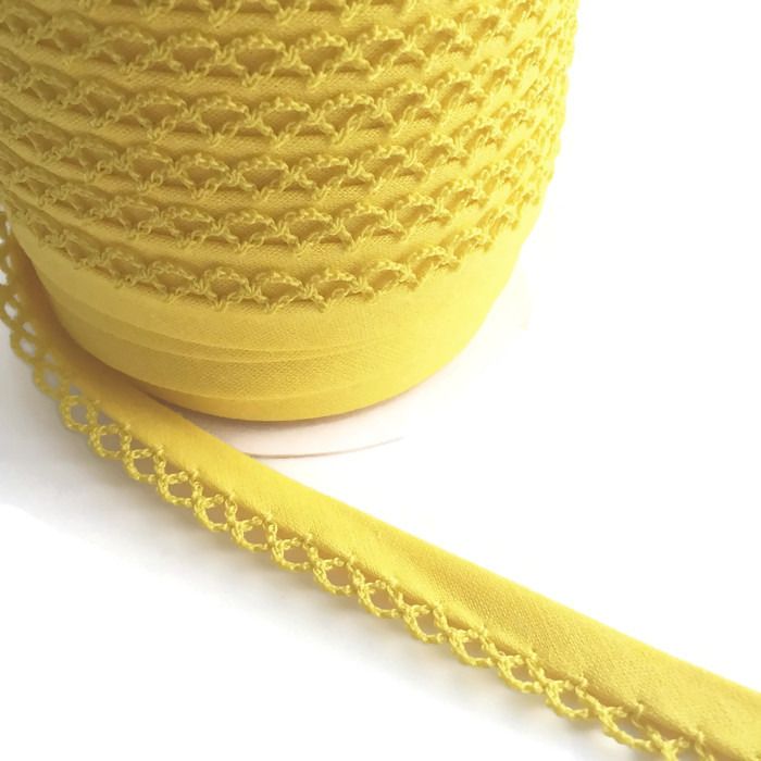 Yellow 12mm Pre-Folded Plain Bias Binding with Lace Edge
