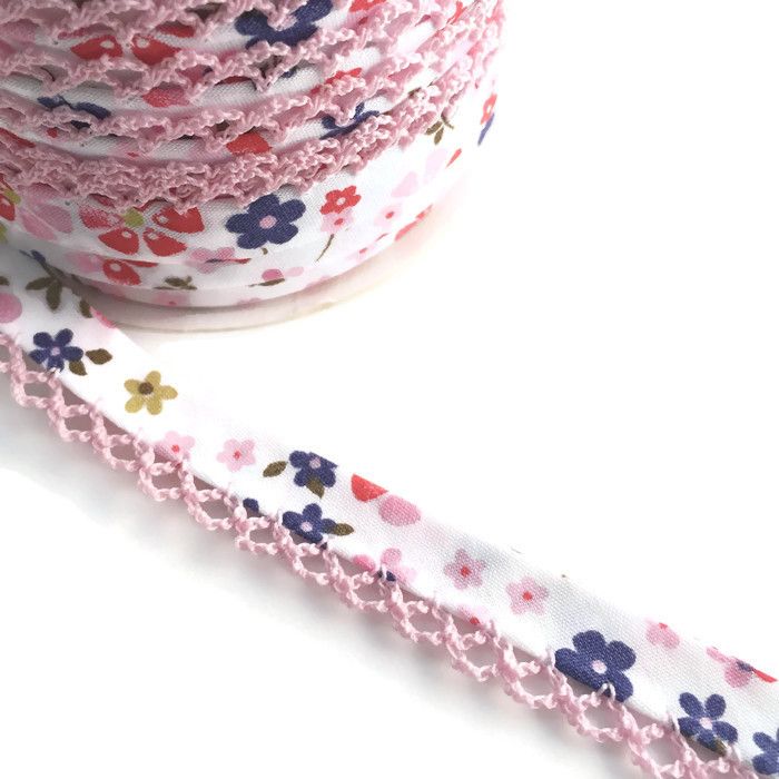 Pink & Purple Flower Print 12mm Pre-Folded Bias Binding with Pink Lace Edge