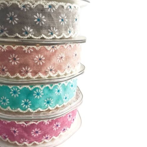 25mm Blue Floral Polka Dot Ribbon with Ivory Lace Edge