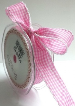 25mm Gingham Ribbon with White Lace Edge - Pink