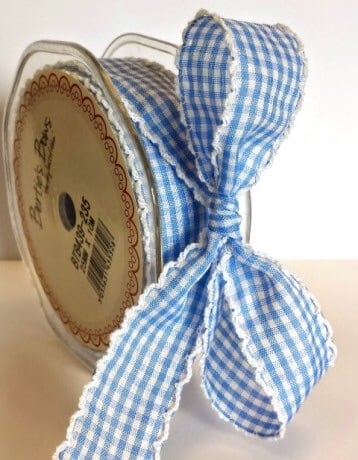 25mm Gingham Ribbon with White Lace Edge - Blue