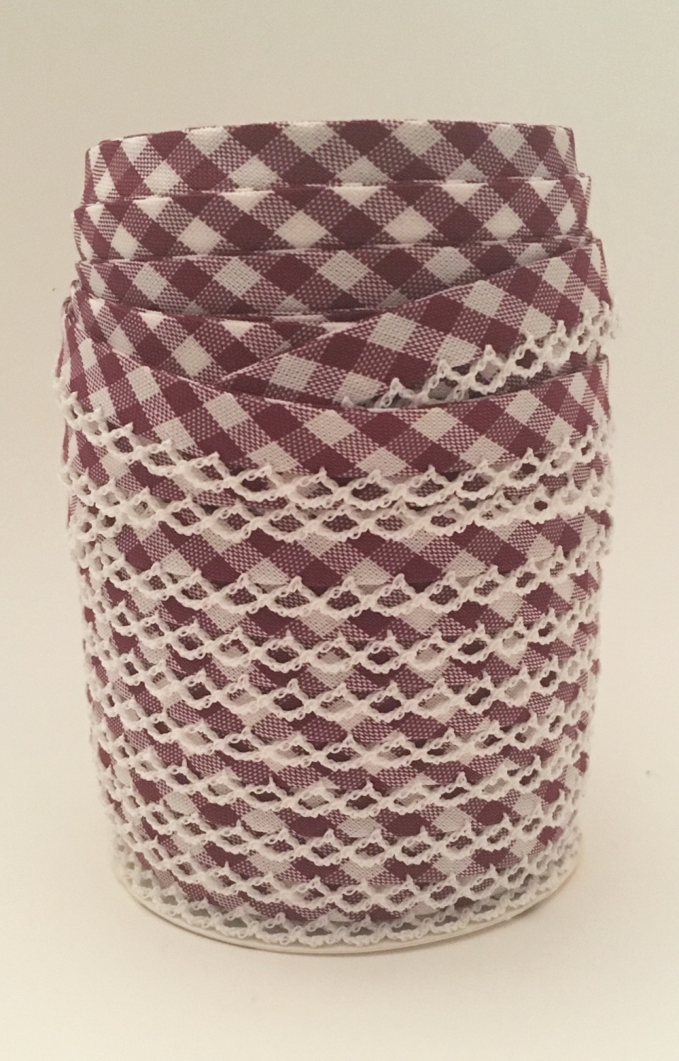 Burgundy 12mm Pre-Folded Gingham Bias Binding with Lace Edge