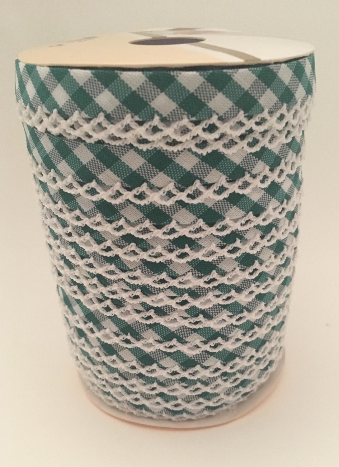 Dark Green 12mm Pre-Folded Gingham Bias Binding with Lace Edge