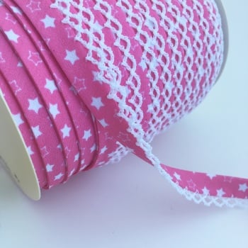12mm Pre-Folded Star Bias Binding with Lace Edge - Candy Pink