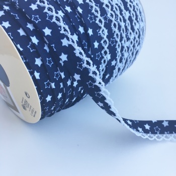 12mm Pre-Folded Star Bias Binding with Lace Edge - Navy