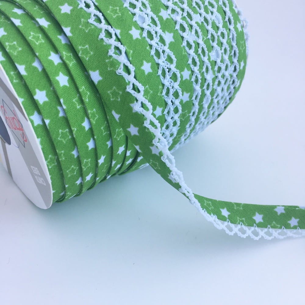 12mm Pre-Folded Star Bias Binding with Lace Edge - Green