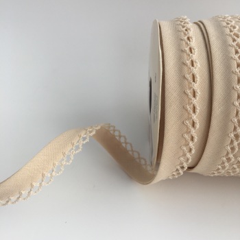 Natural 12mm Pre-Folded Plain Bias Binding with Lace Edge