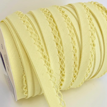 Lemon 12mm Pre-Folded Plain Bias Binding with Lace Edge 