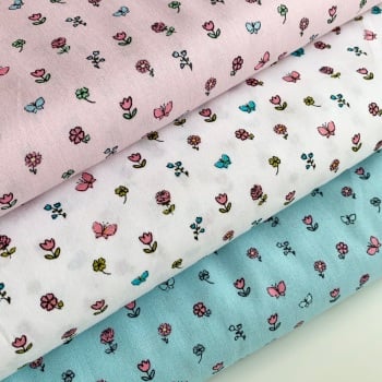 Poppy Europe - Pretty Princess Floral - White, Blue and Pink - Felt Backed Fabric