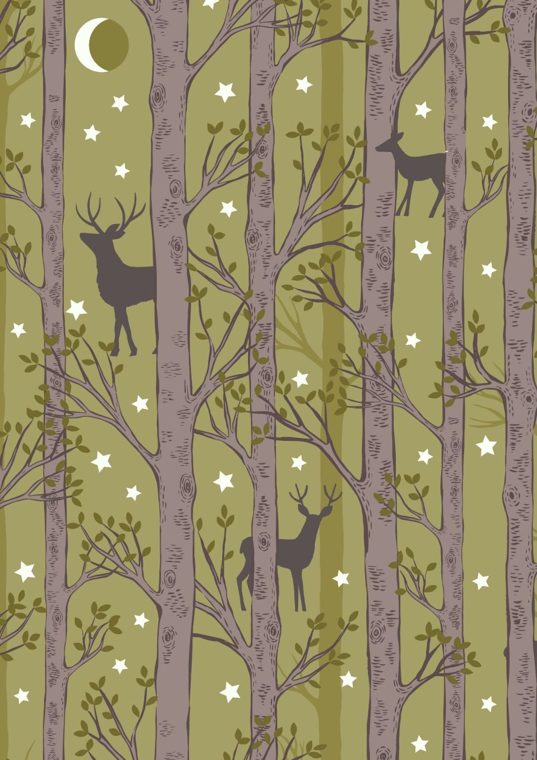 Lewis and Irene -  Nighttime in Bluebell Wood - Forest Deer on Leaf Green- 