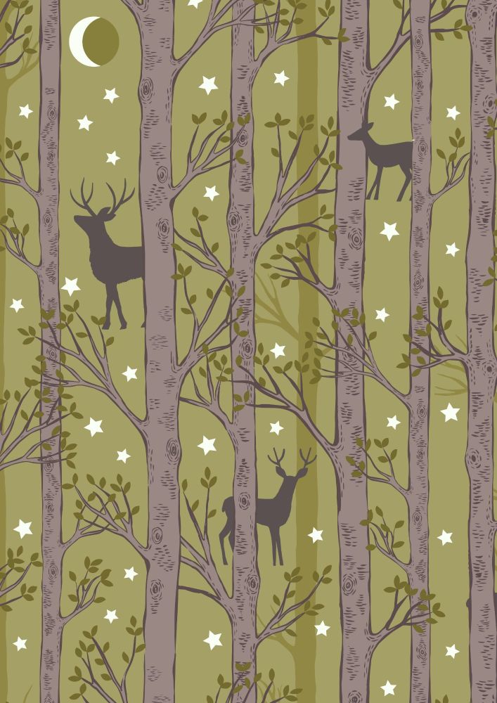 Lewis and Irene -  Nighttime in Bluebell Wood - Forest Deer on Leaf Green- Glow in the Dark 