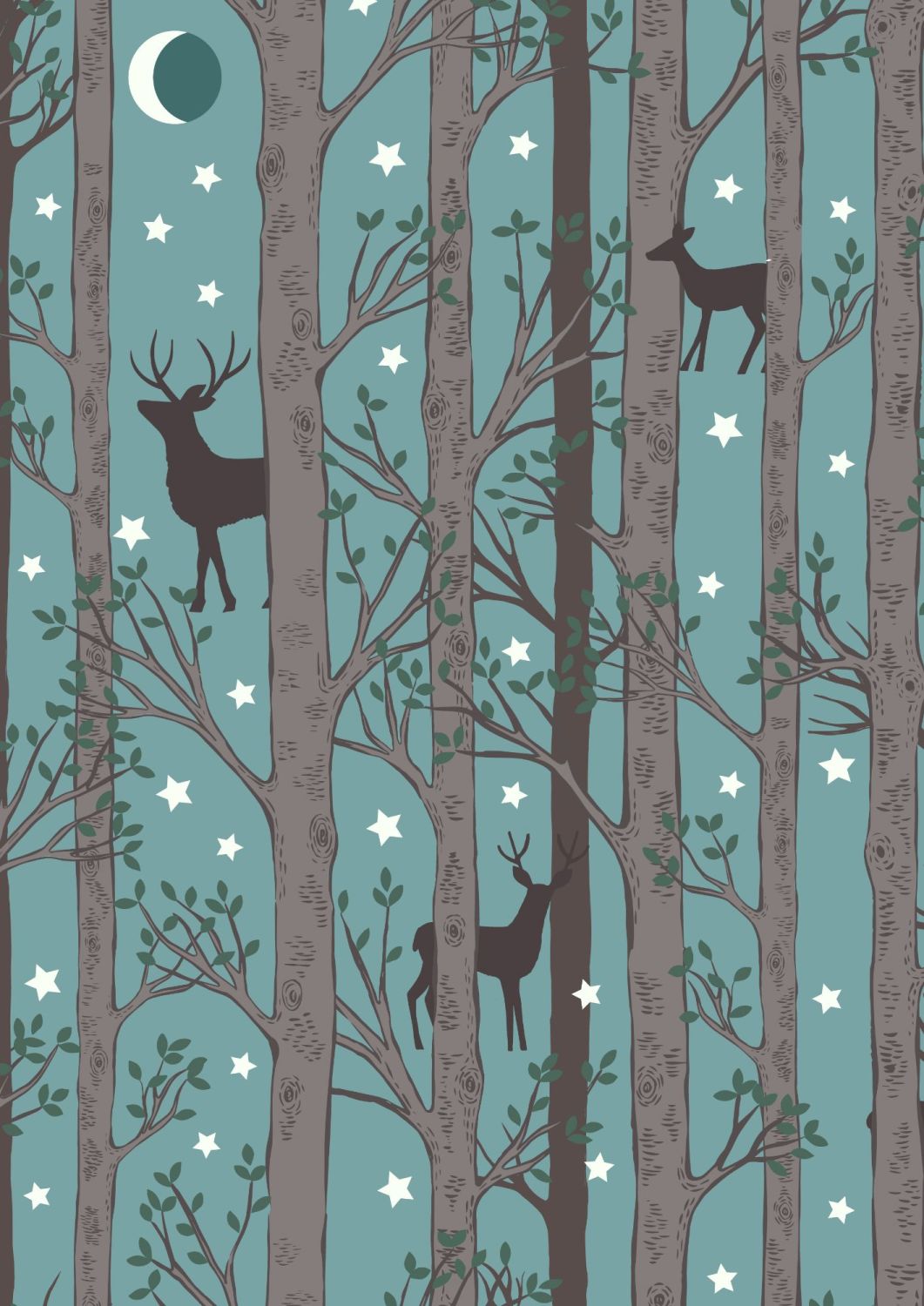 Lewis and Irene -  Nighttime in Bluebell Wood - Forest Deer on Teal Blue - 