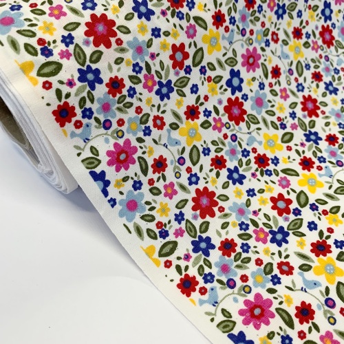 Rose and Hubble Fabrics - 100% Cotton Poplin Flower and Birds Red and Blue