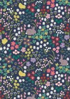 Lewis and Irene - Bunny Hop - Bunny and Chick Floral on Dark Blue