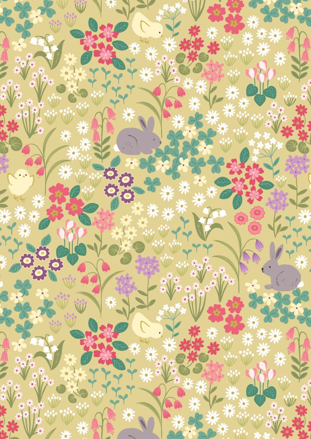 Lewis and Irene - Bunny Hop - Bunny and Chick Floral on Spring Yellow