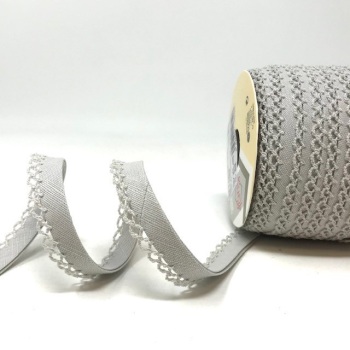 Grey 12mm Pre-Folded Linen Bias Binding with Lace Edge