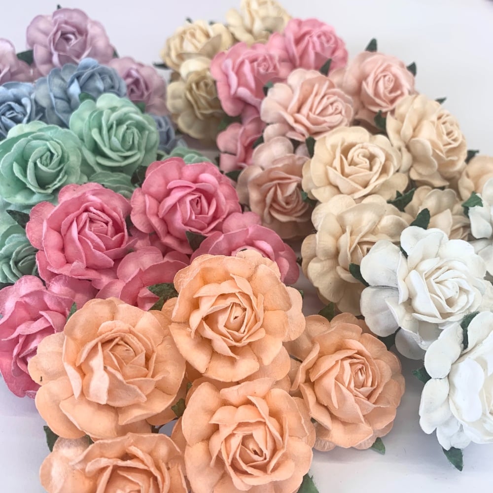  Mulberry Paper Flowers - Tea Roses 40mm  - Mixed Pastel Pack