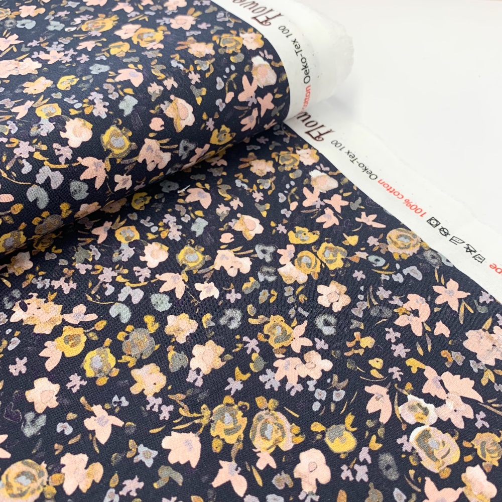 Poppy Europe Fabrics - Autumn Flowers -Dusky Blue on Navy - Digital Print