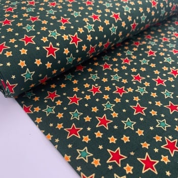 Rose and Hubble Fabrics - 100% Cotton Poplin Metallic Stars Green