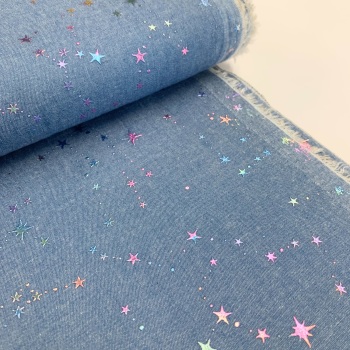 Poppy Europe Fabrics - 100% Cotton Denim 4.5oz Light Blue - Multicolour Foil Stars