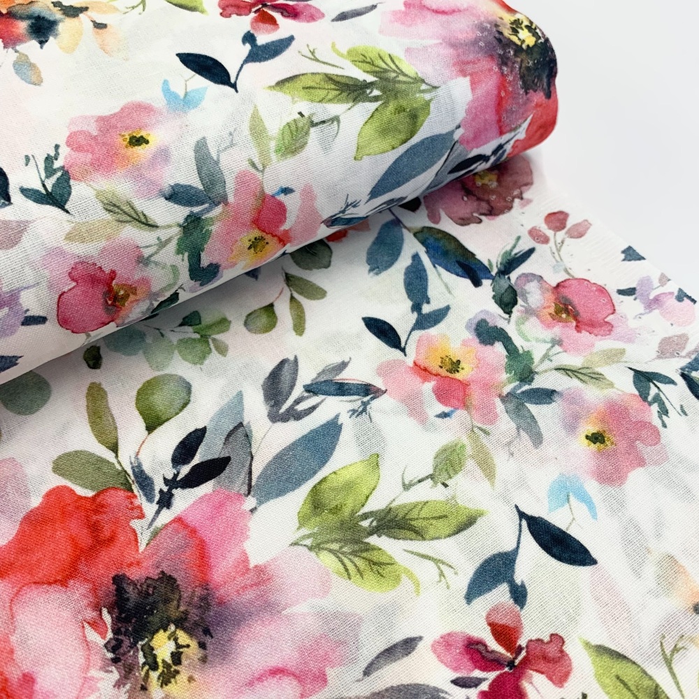 John Louden - Watercolour Flowers - 100% Cotton - Ivory