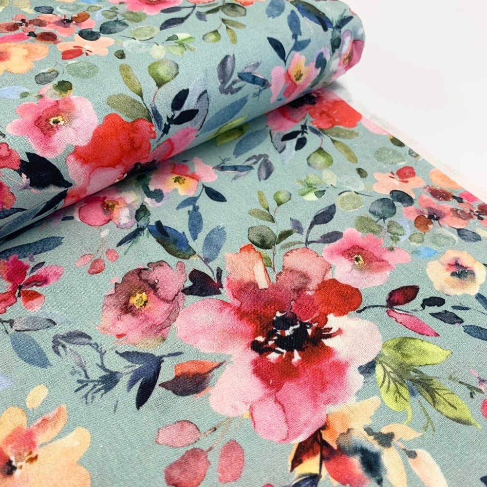 John Louden - Watercolour Flowers - 100% Cotton - Green