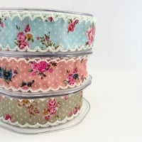 25mm Floral Polka Dot Ribbon with Ivory Lace Edge