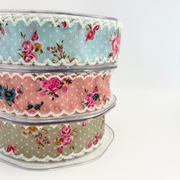 25mm Floral Polka Dot Ribbon with Ivory Lace Edge