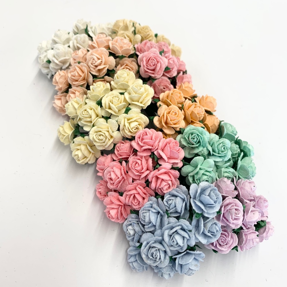  Mixed Pastel Mulberry Paper Flowers Open Roses 10mm 