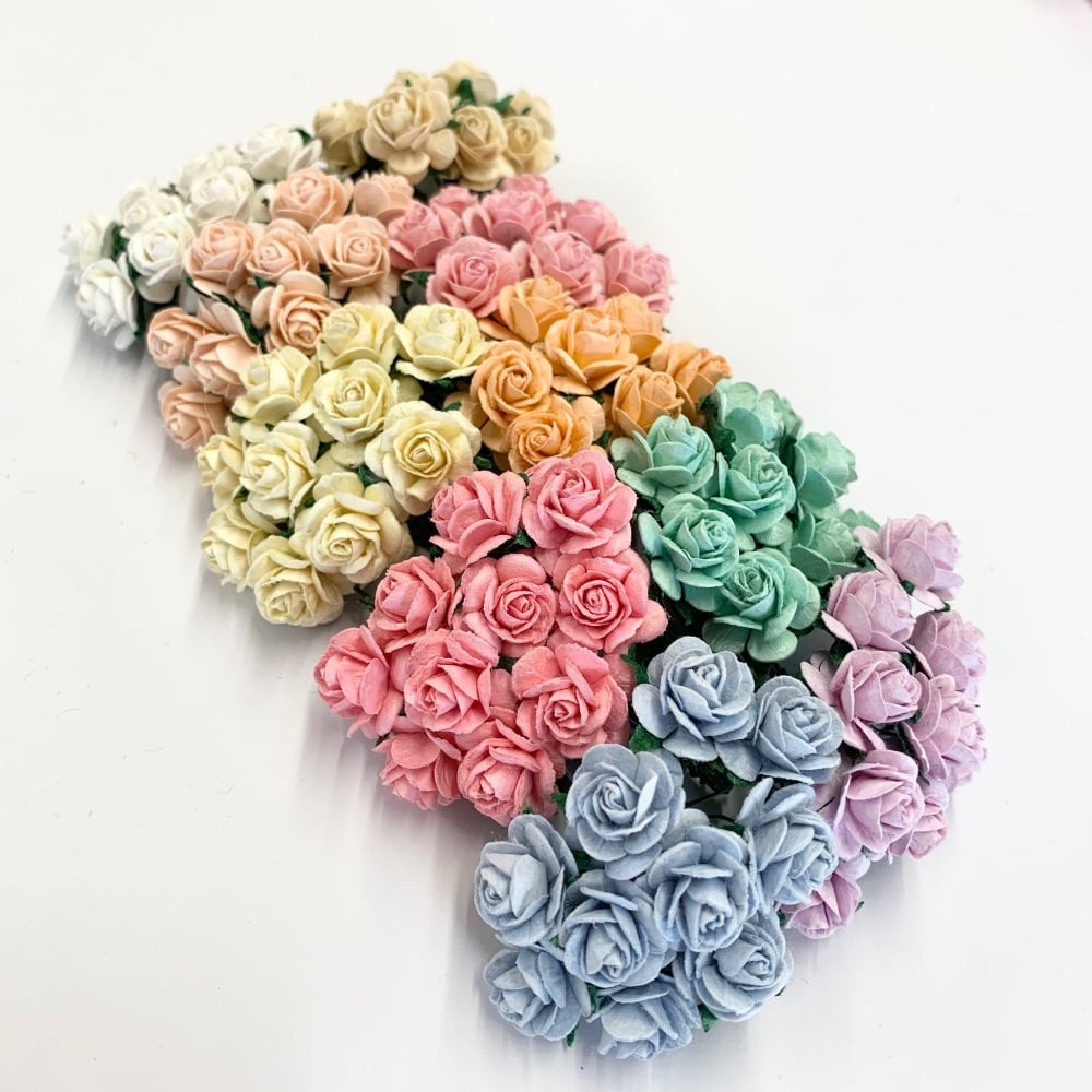 Mixed Pastel Mulberry Paper Flowers Open Roses 15mm 