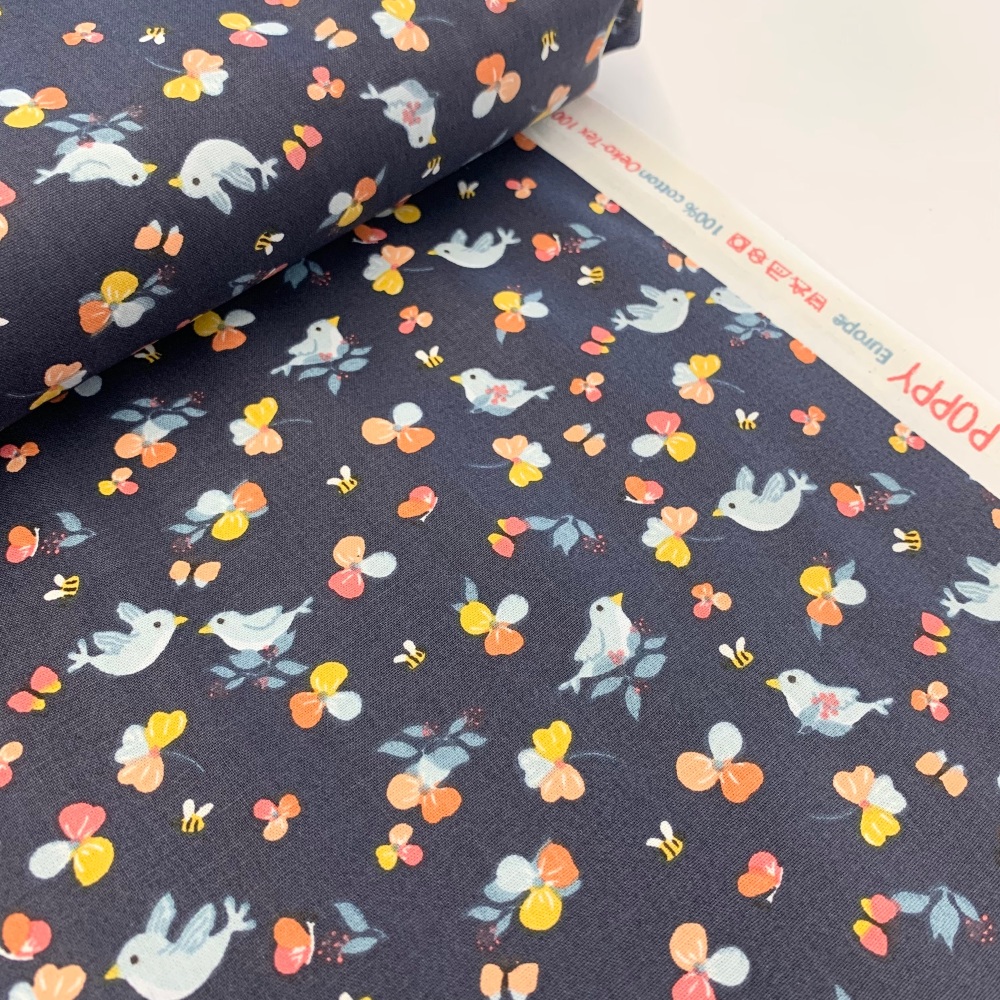 Poppy Europe Fabrics - Birds - Navy