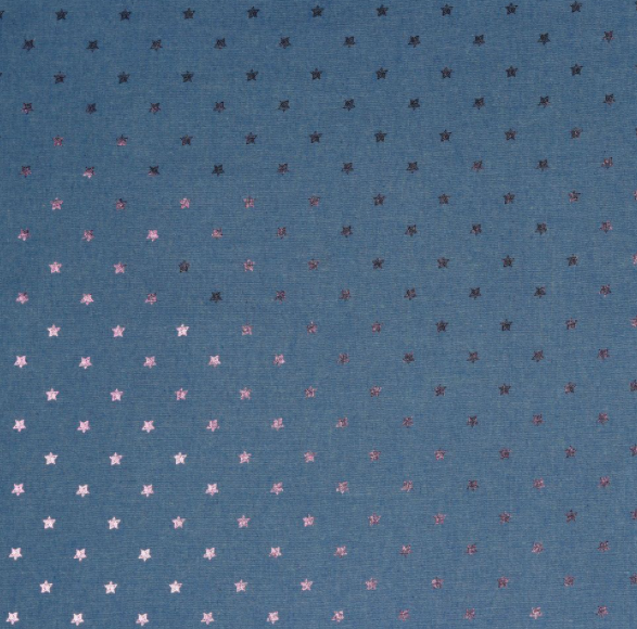 Poppy Europe Fabrics - 100% Cotton Denim 4.5oz Blue - Multicolour Foil Star