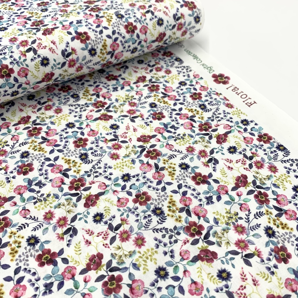 Poppy Europe Fabrics - Sweet Briar Rose  - White and Berry - Digital Print