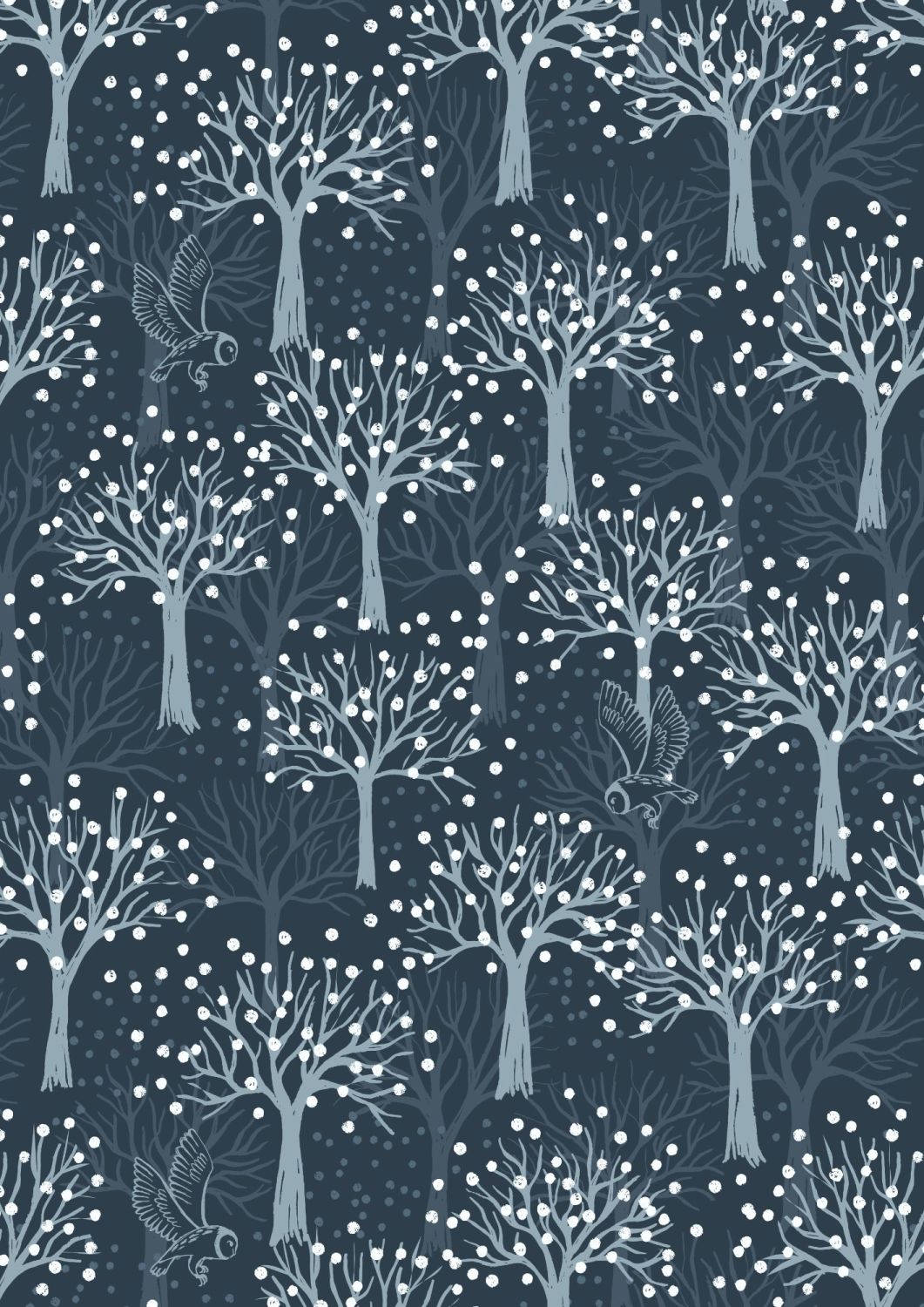 Lewis and Irene - Secret Winter Garden - Owl Orchard on Dark Blue with Pear