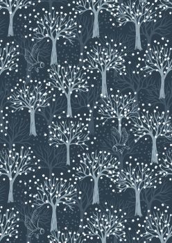 Lewis and Irene - Secret Winter Garden - Owl Orchard on Dark Blue with Pearl Elements