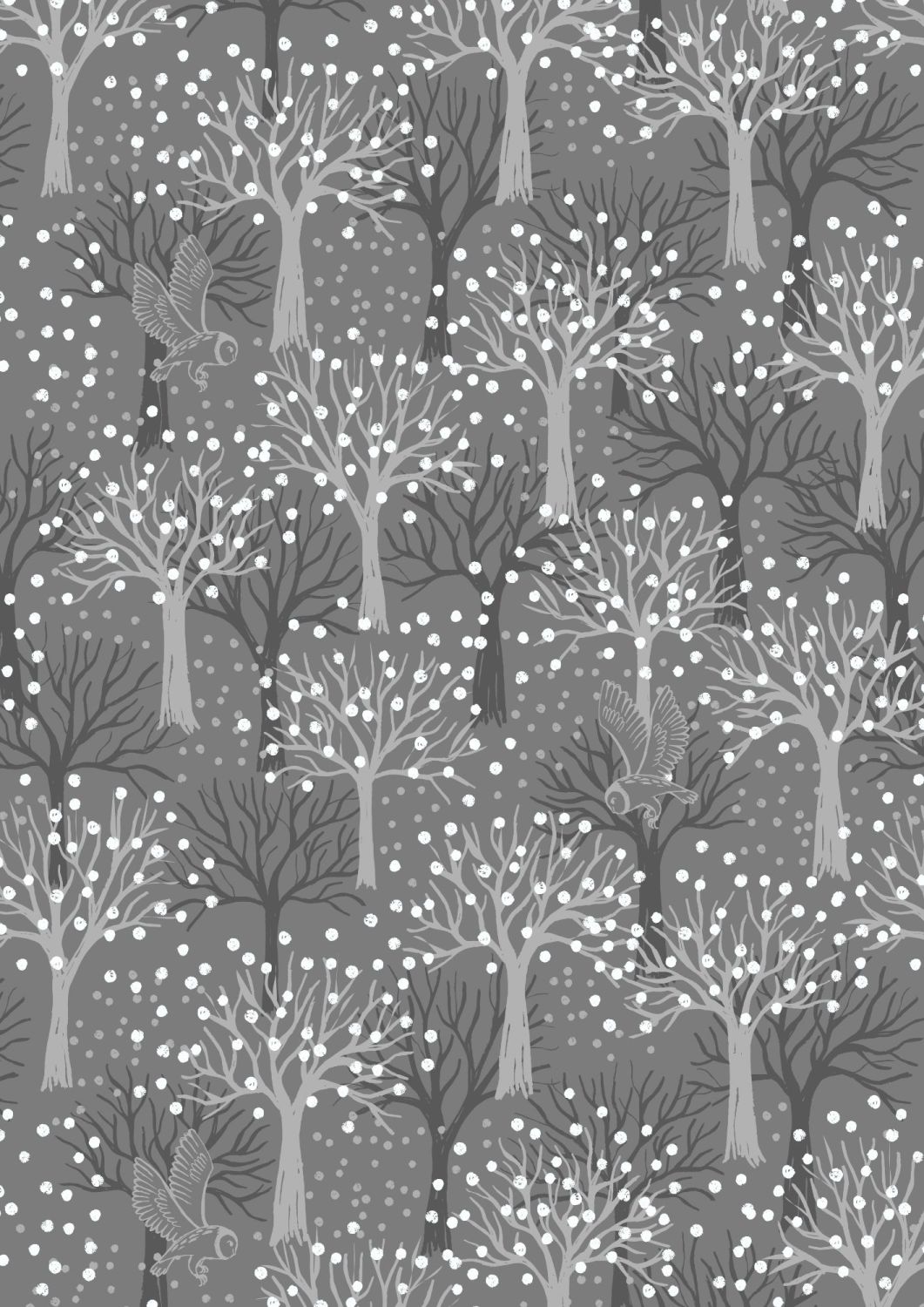Lewis and Irene - Secret Winter Garden - Owl Orchard on Dark Grey with Pear