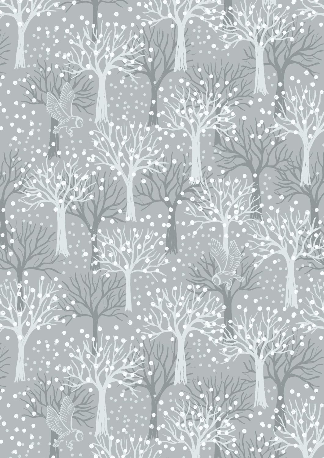 Lewis and Irene - Secret Winter Garden - Owl Orchard on Light Grey with Pea