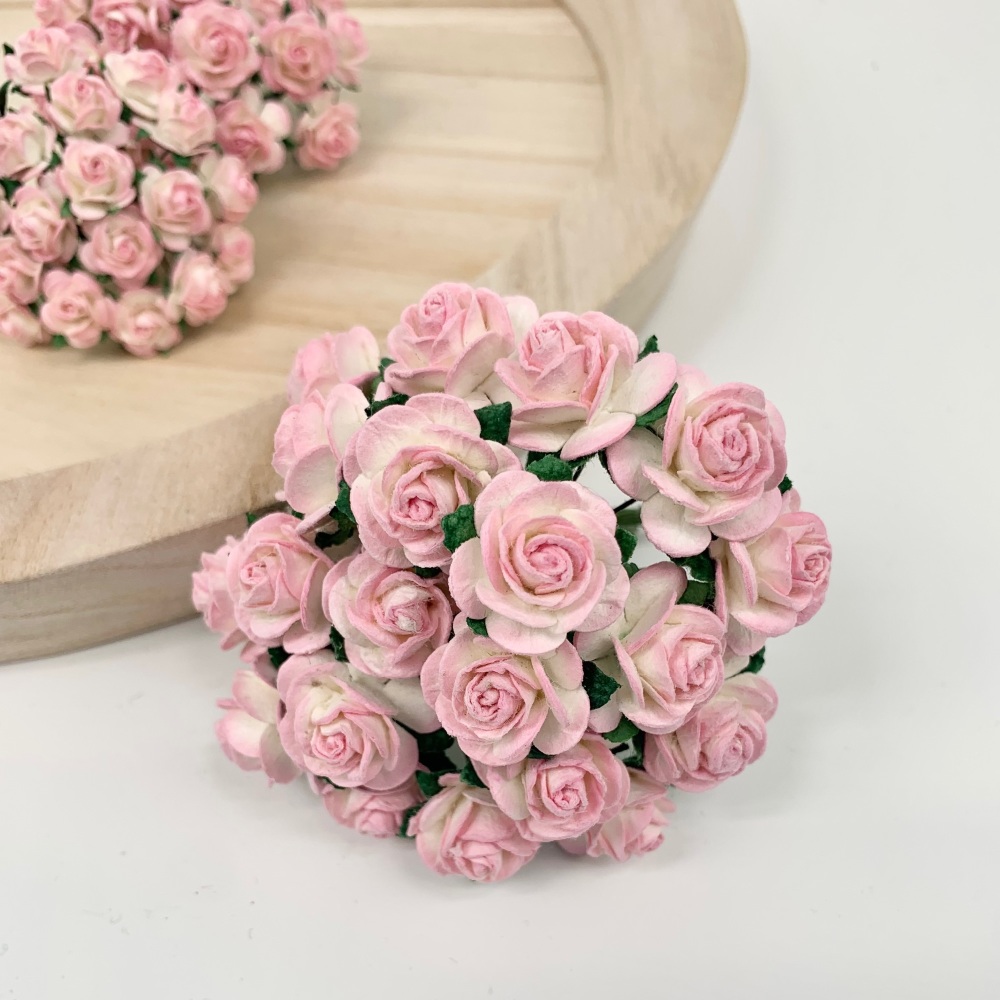 <!--023--> Mulberry Paper Open Roses - Two Tone Baby Pink/Ivory 10mm 15mm 2