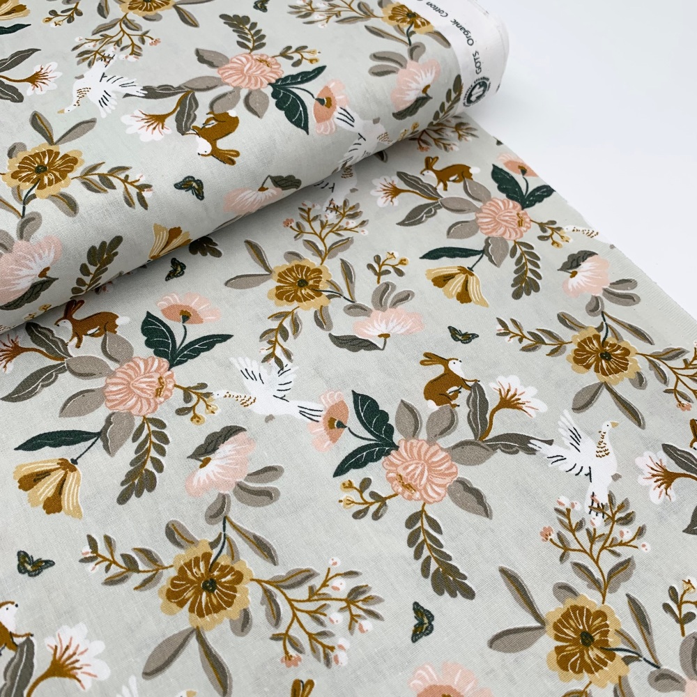 Poppy Europe Fabrics - Bird and Rabbit Floral - Nile Green  100% Organic Co