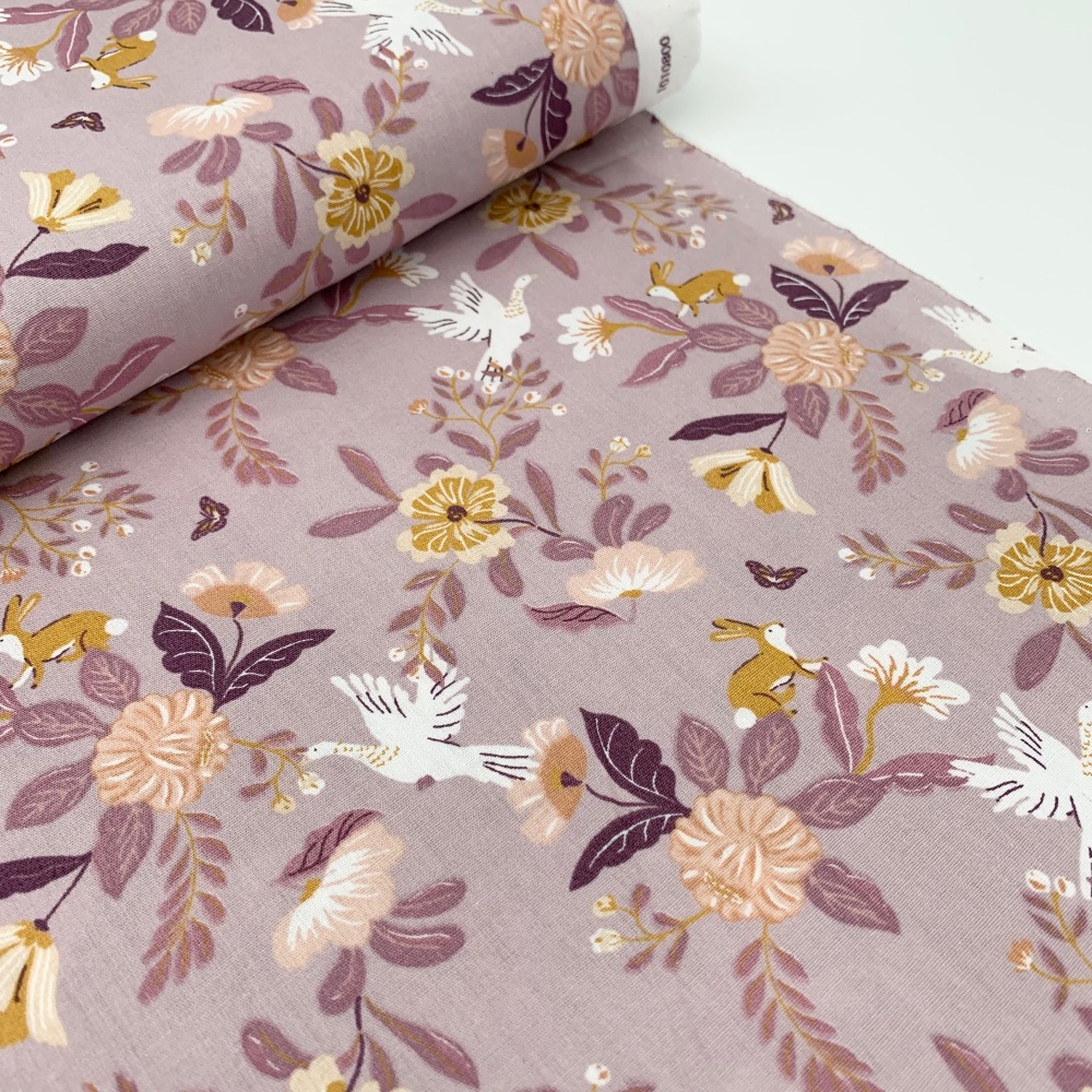 Poppy Europe Fabrics - Bird and Rabbit Floral - Dusky Lilac  100% Organic C