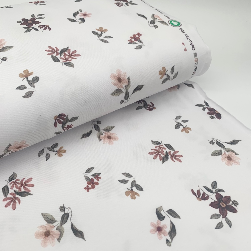 100% Organic Jersey Stretch Cotton - Blush and Bordeaux Flowers  - GOTS CER