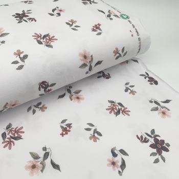 100% Organic Jersey Stretch Cotton - Blush and Bordeaux Flowers  - GOTS CERTIFIED