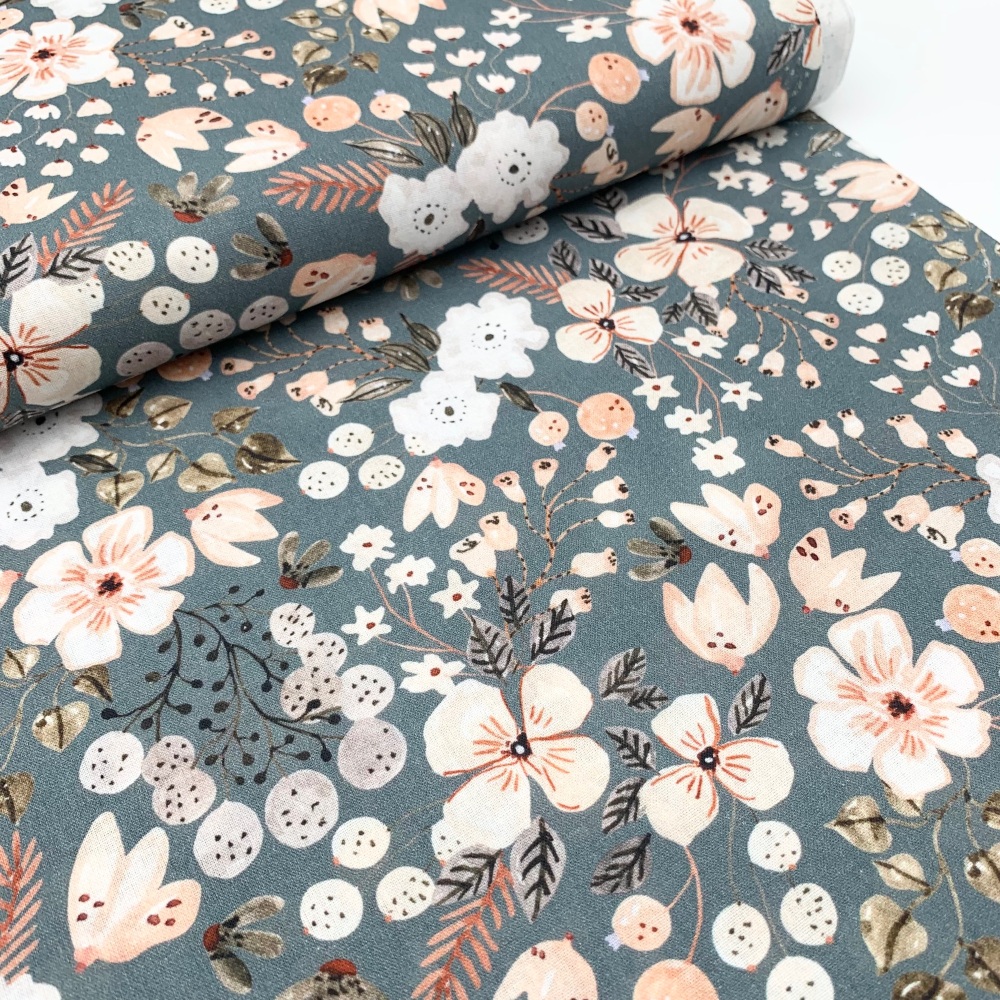 Poppy Europe Fabrics - Tilly Flowers - Dusky Blue - Digital Print
