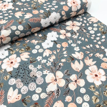 Poppy Europe Fabrics - Tilly Flowers - Dusky Blue - Digital Print