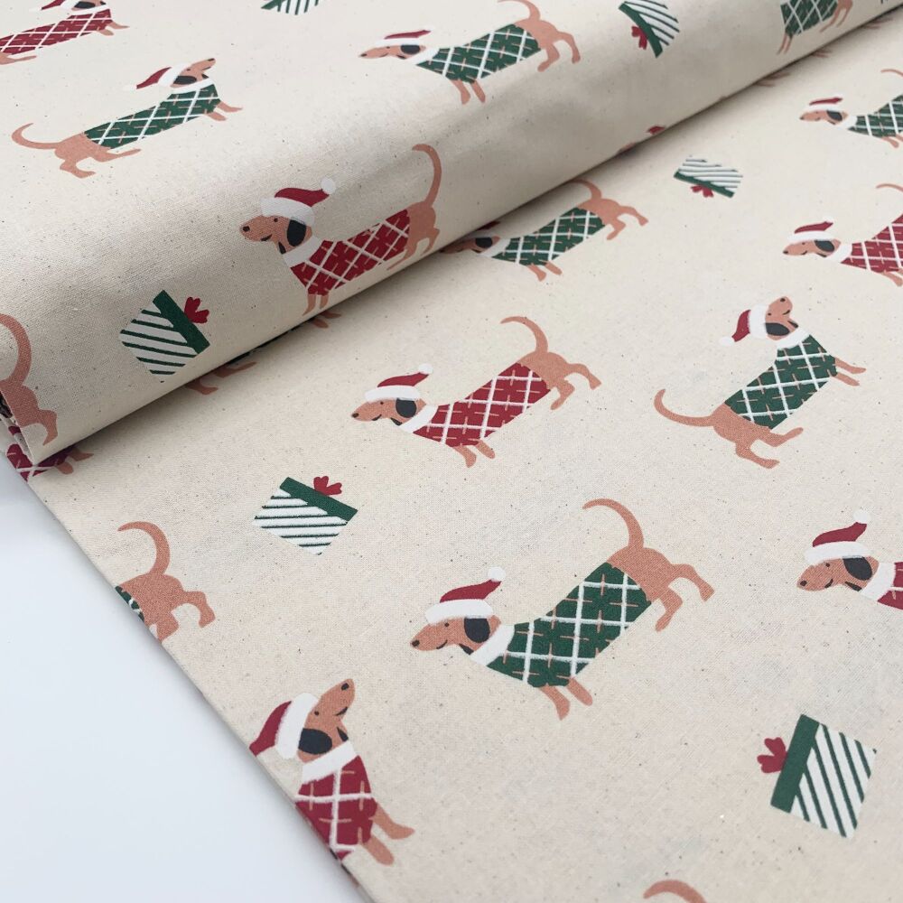 John Louden Fabrics - 100% Cotton Scandi Print - Festive Sausage Dogs