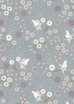 REMNANT 90CM X 110CM Lewis and Irene -  Fairy Clocks - Fairy Clocks on Blue Grey with Silver Metallics