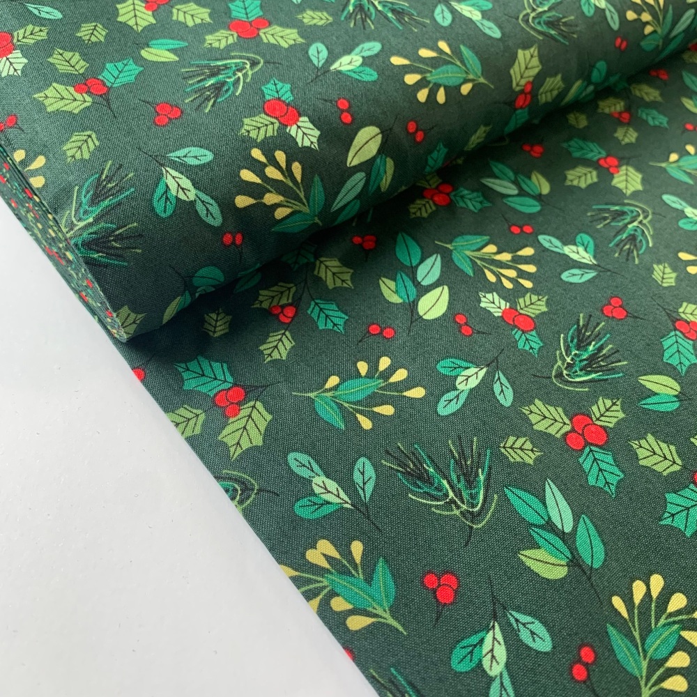 Rose and Hubble Fabrics - 100% Cotton Poplin Christmas Holly and Leaves Gre